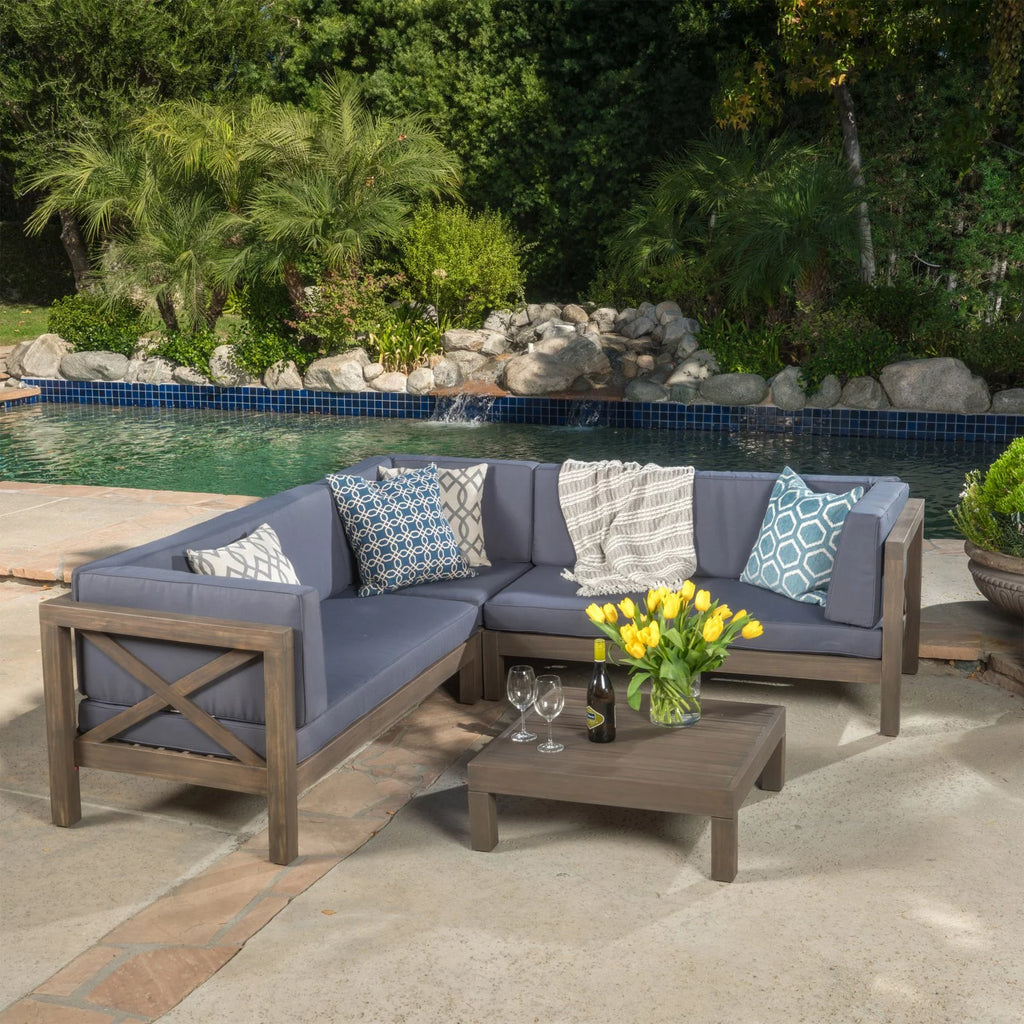 4 Piece Acacia Wood Sectional Sofa and Coffee Table Set O853115