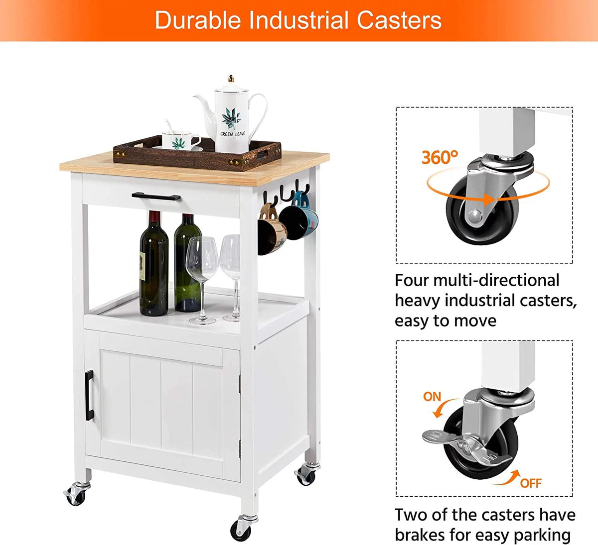 White Rolling Kitchen Island with Single Door Cabinet W9302