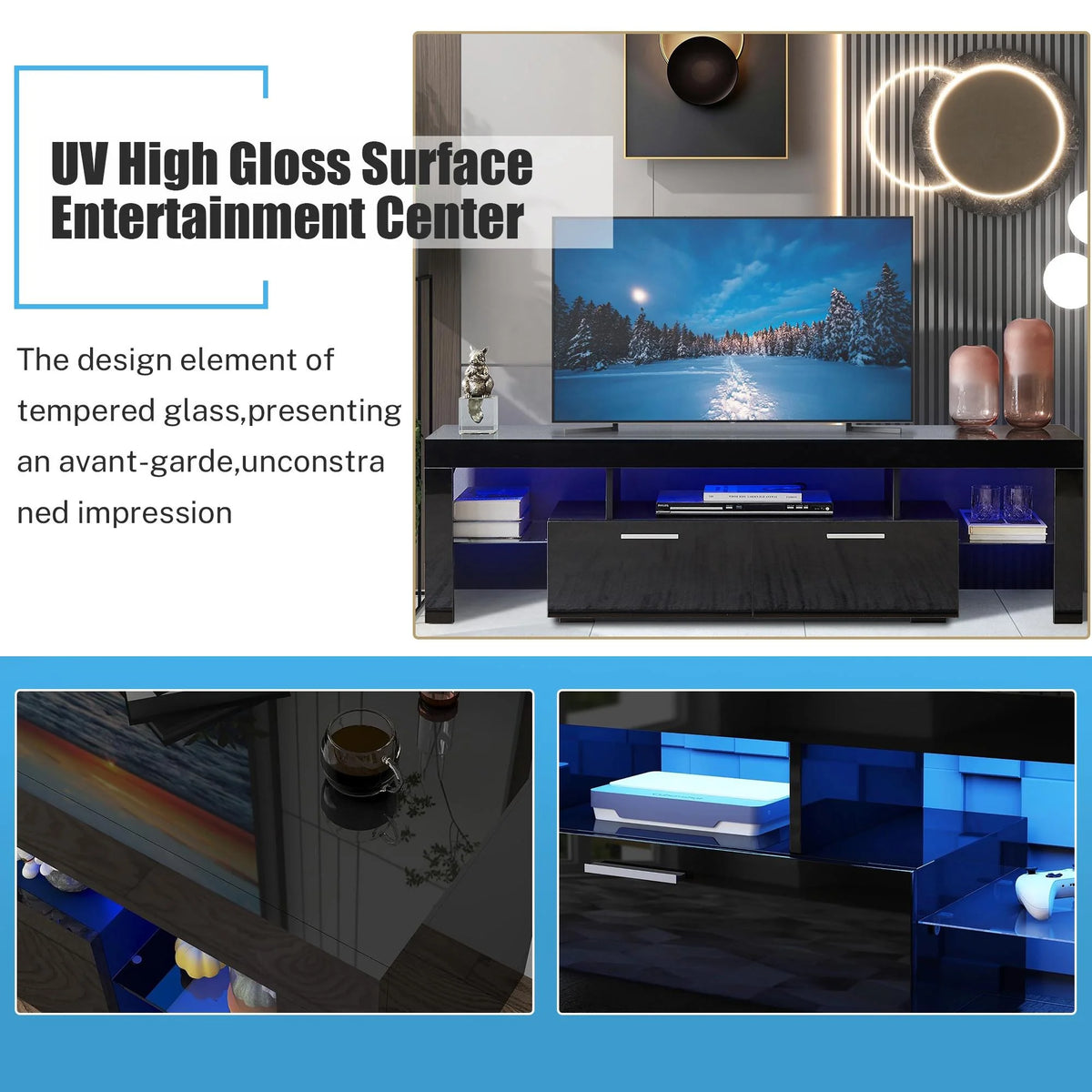 White High Gloss TV Stand with LED Light and Storage Drawers I4537