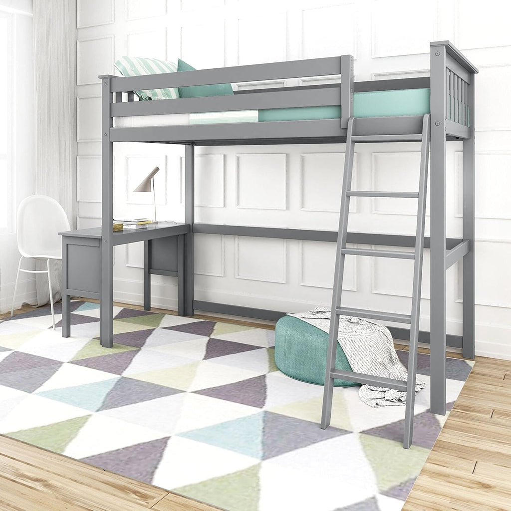 Solid Wood Twin-Size High Loft Bed with Bookcase and Desk Grey V817625