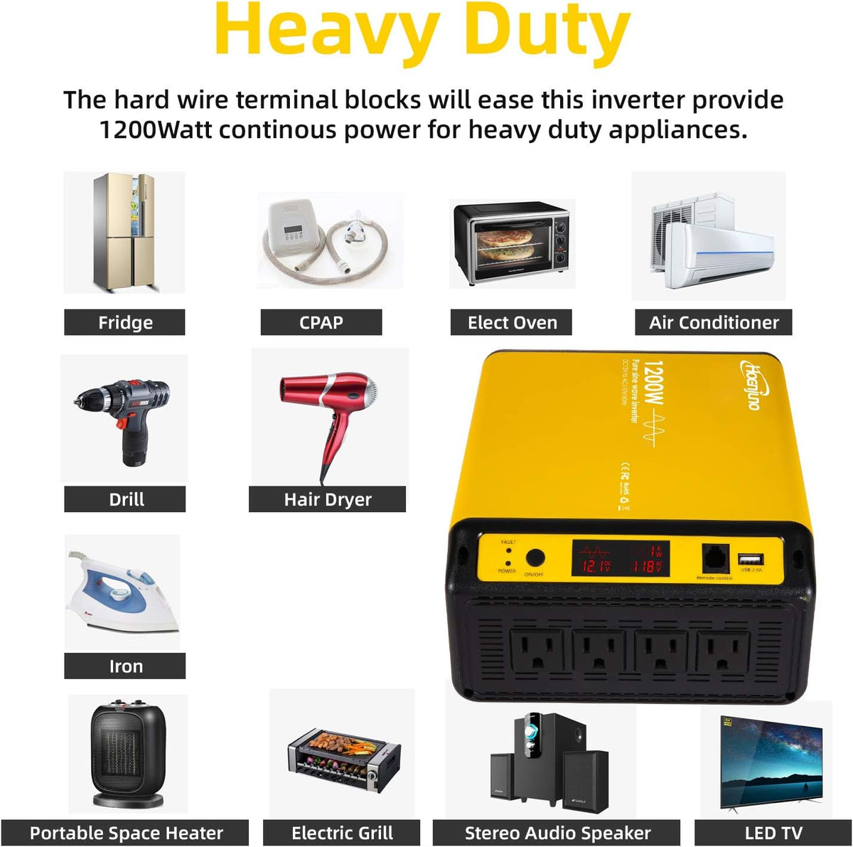 1200W Pure Sine Wave Inverter 12V to 110-120V Q15386