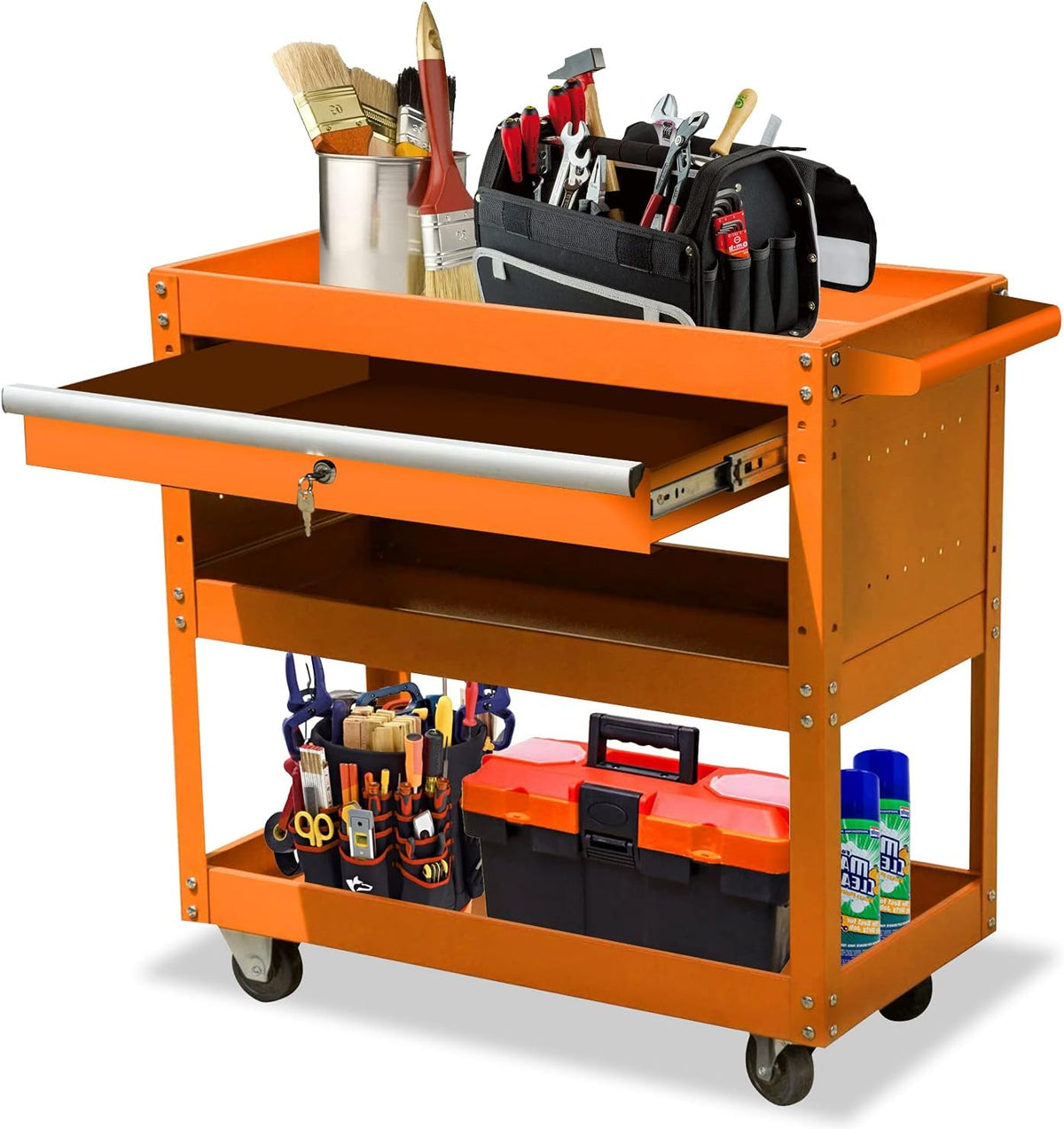 3-Tier Metal Tool Cart with Drawer and Lock T99590