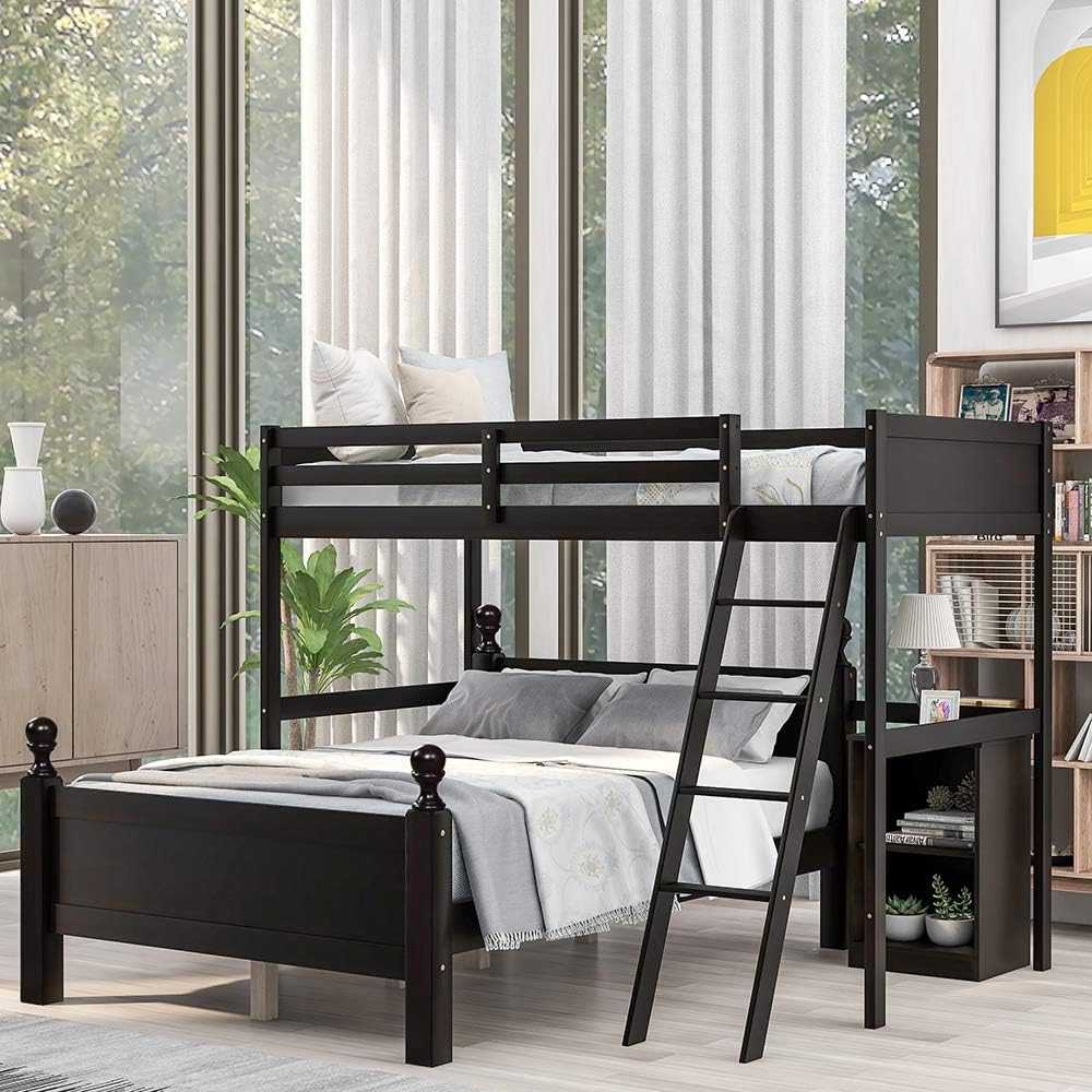 Twin Over Full Wood Loft Bunk Bed with Cabinet, Ladders, Shelves and Safety Rail U315909