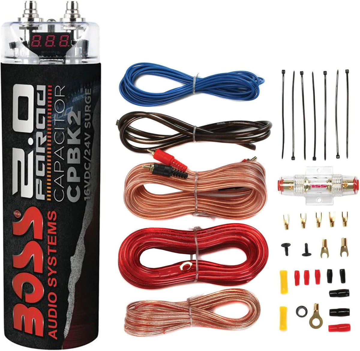 2 Farad Car Audio Power Capacitor and 8 Gauge Amplifier Installation Kit Q5732