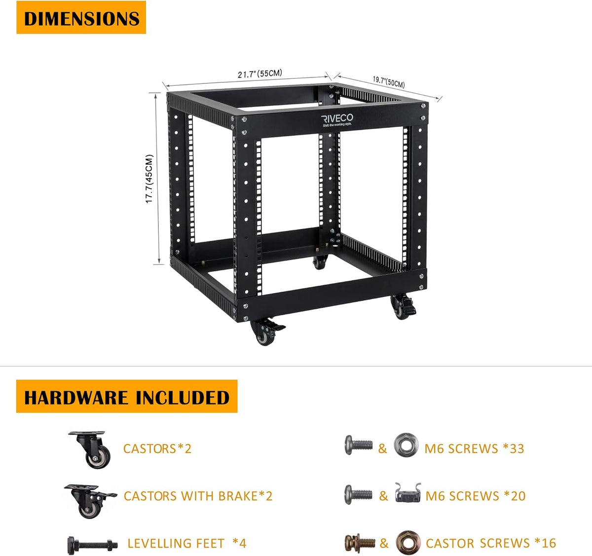 9U Open Frame Server Rack with Casters Black J218269