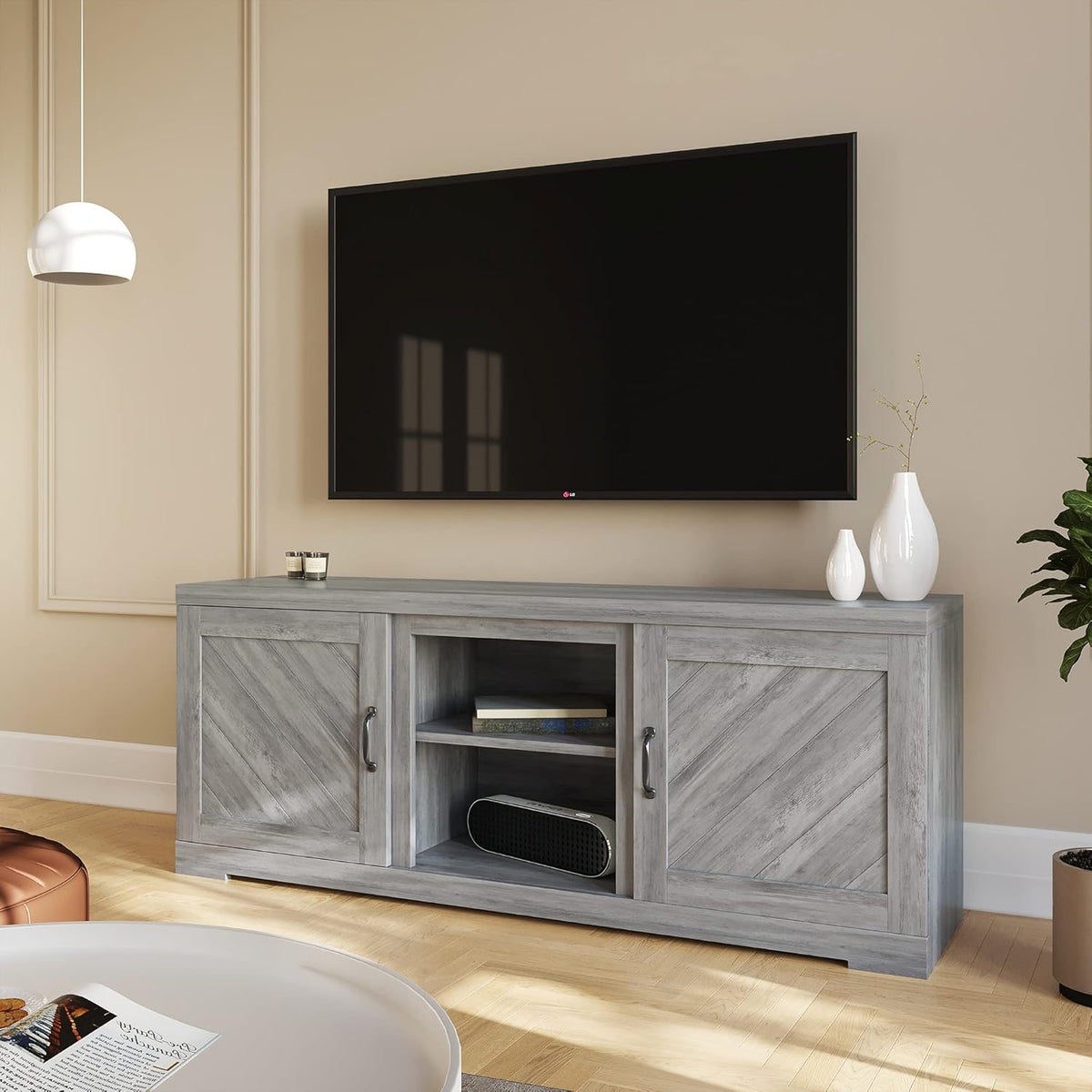 Farmhouse Electric Fireplace TV Stand with Storage Cabinets H363