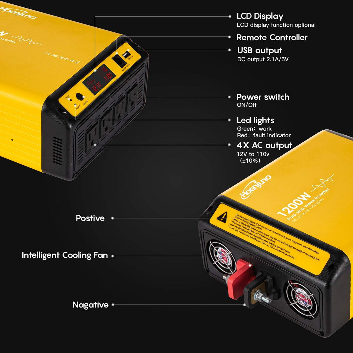 1200W Pure Sine Wave Inverter 12V to 110-120V Q15386