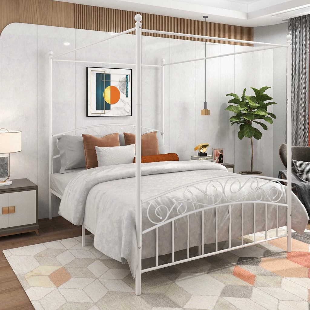 Metal Canopy Bed Frame with Headboard & Footboard Full Black J4041