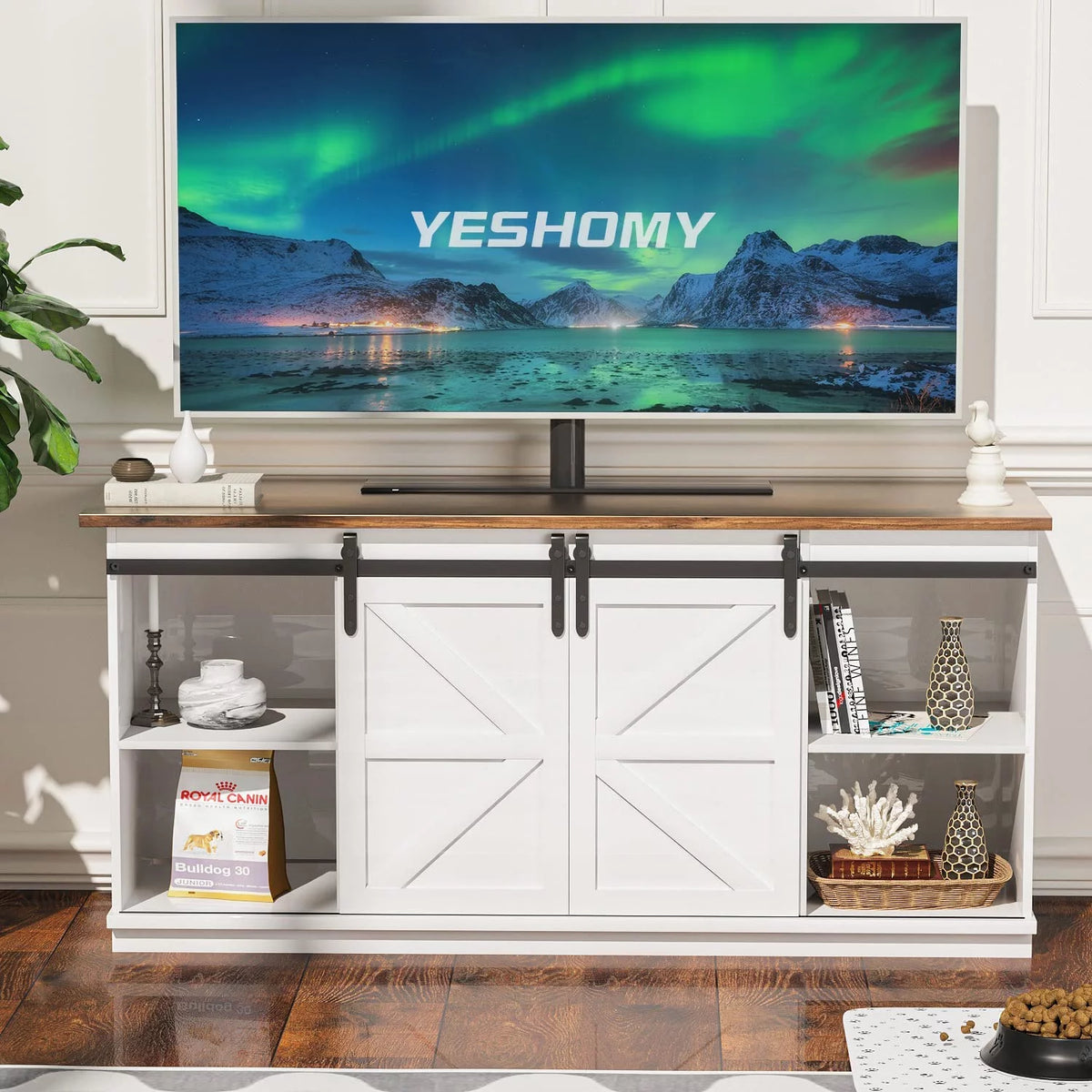 White 58 Inch TV Stand with Sliding Barn Doors W323