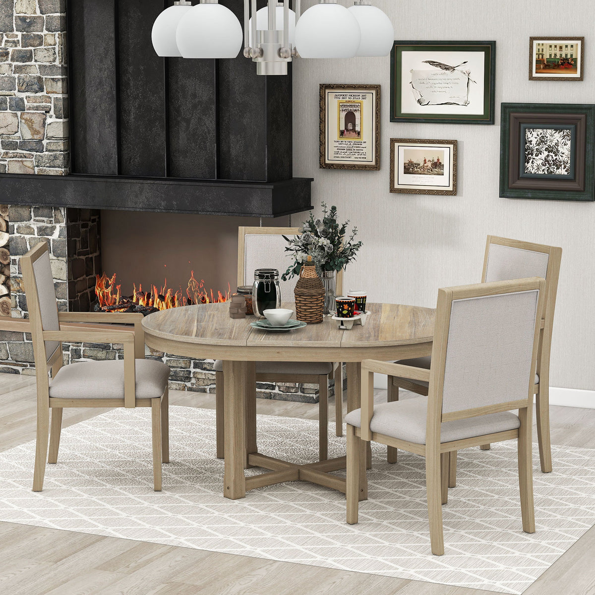 5-Piece Extendable Wood Dining Table Set with 4 Upholstered Chairs C179