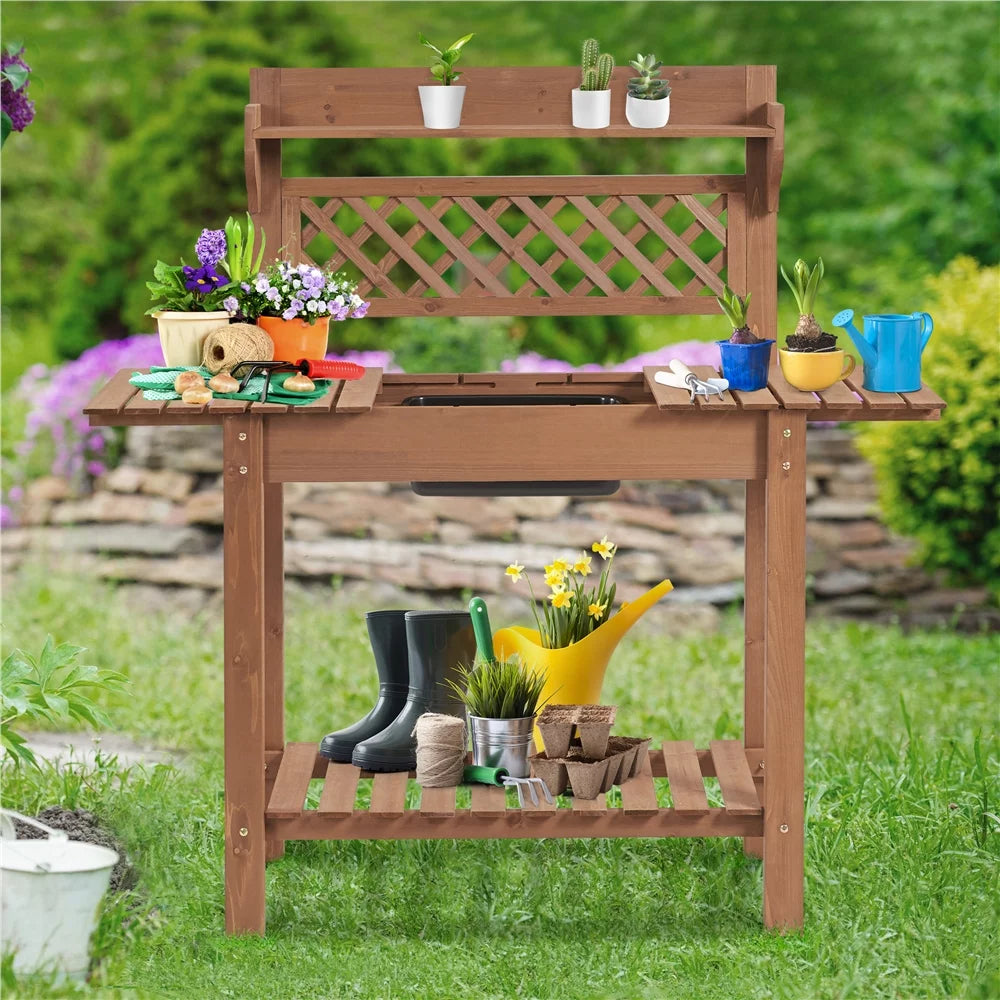 Wooden Potting Bench with Sliding Tabletop X660
