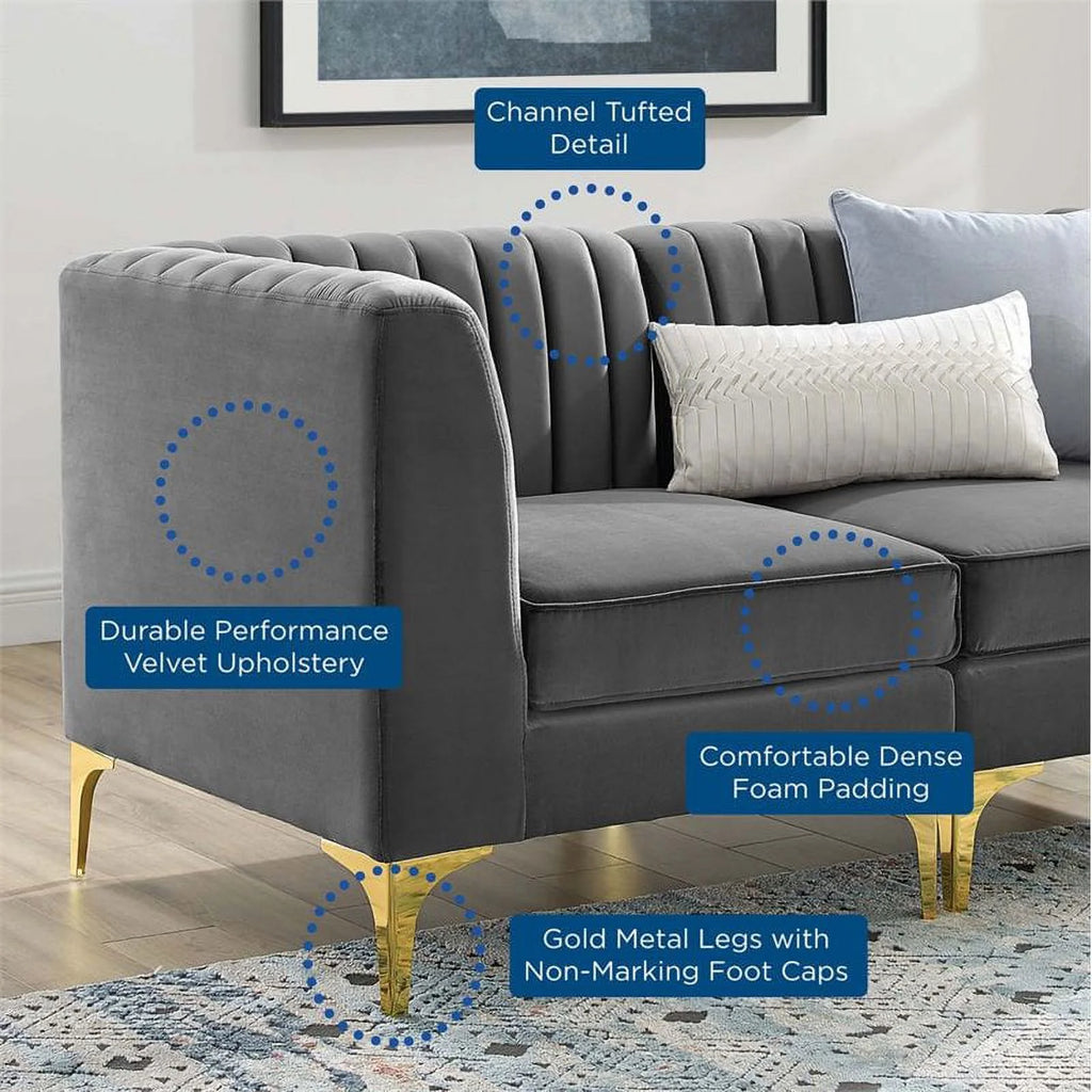6-Piece Channel Performance Velvet Tufted Sectional Sofa in Gray X668
