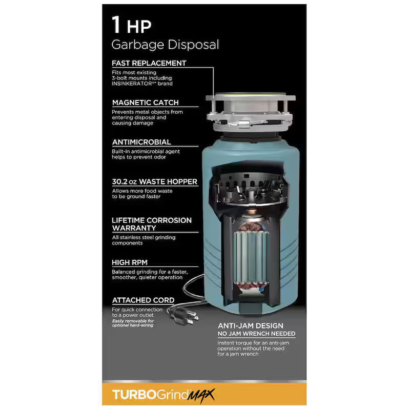 1 hp Continuous Feed Garbage Disposal with Power Cord C13840