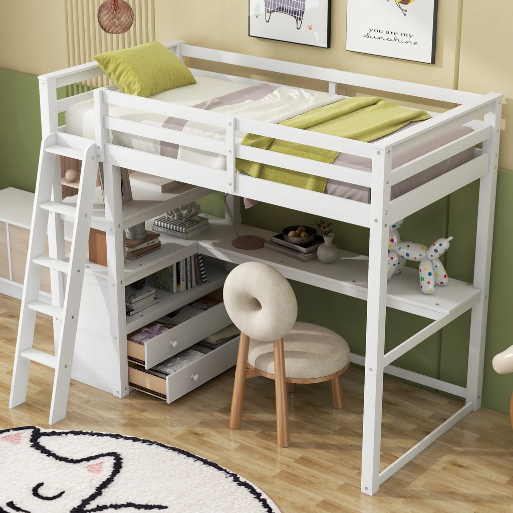 Twin Size White Loft Bed with Desk and Shelves W8233