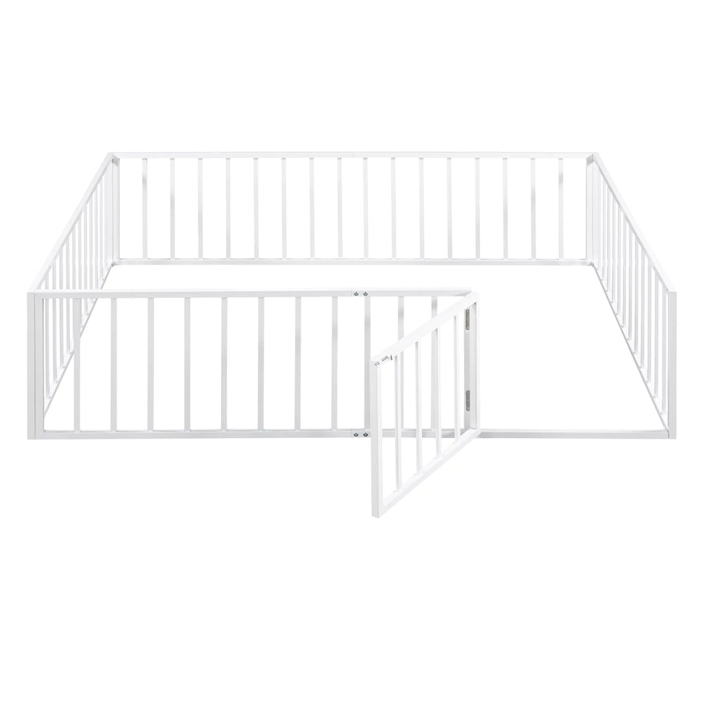 Queen Size Metal Floor Bed Frame with Fence and Door E40510