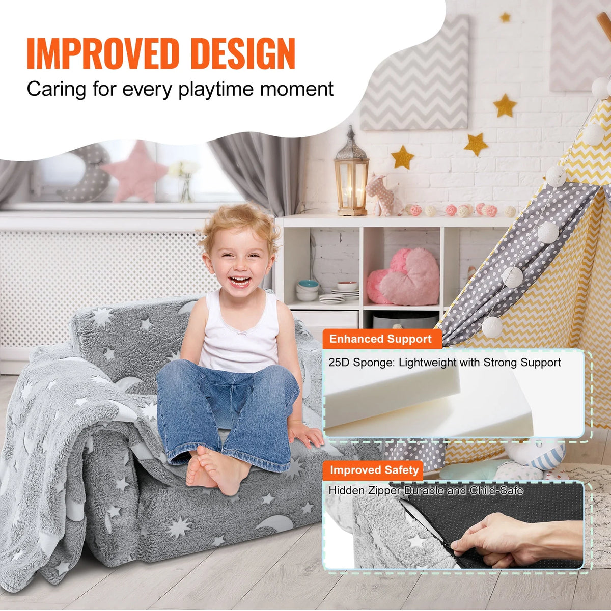 Fold-out Kids Sofa Glow-in-the-Dark Convertible Sofa U12599
