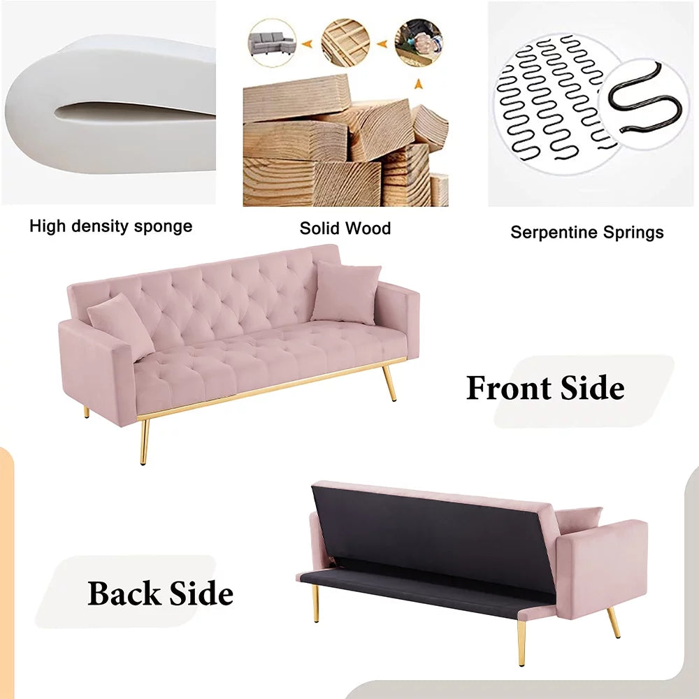 Pink Velvet Convertible Sofa Bed with 2 Pillows V641