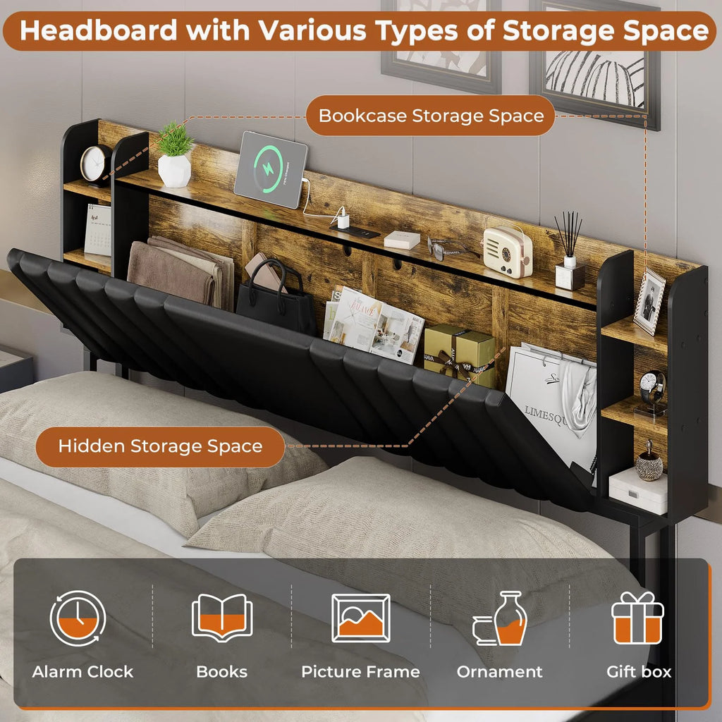 Full Floating Bed Frame with Charging Station, Black Q99706