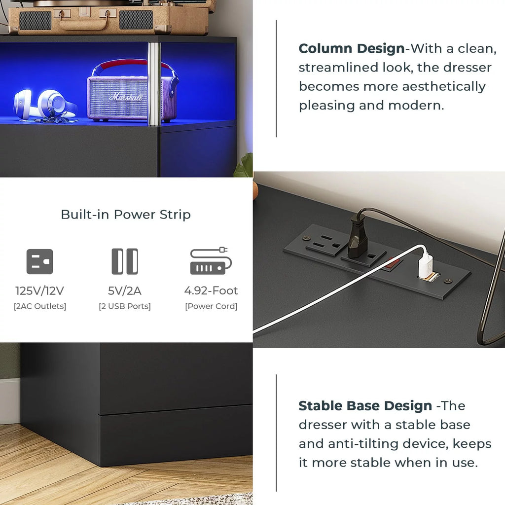 Black 4 Drawer Dresser with LED Lights & Charging Station T7015