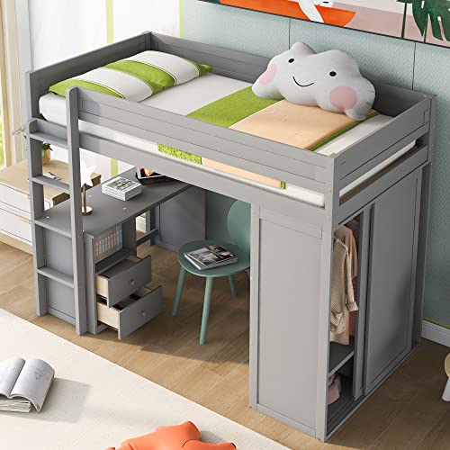 Full Size Gray Solid Wood Loft Bed with Wardrobe Desk and Shelves K204