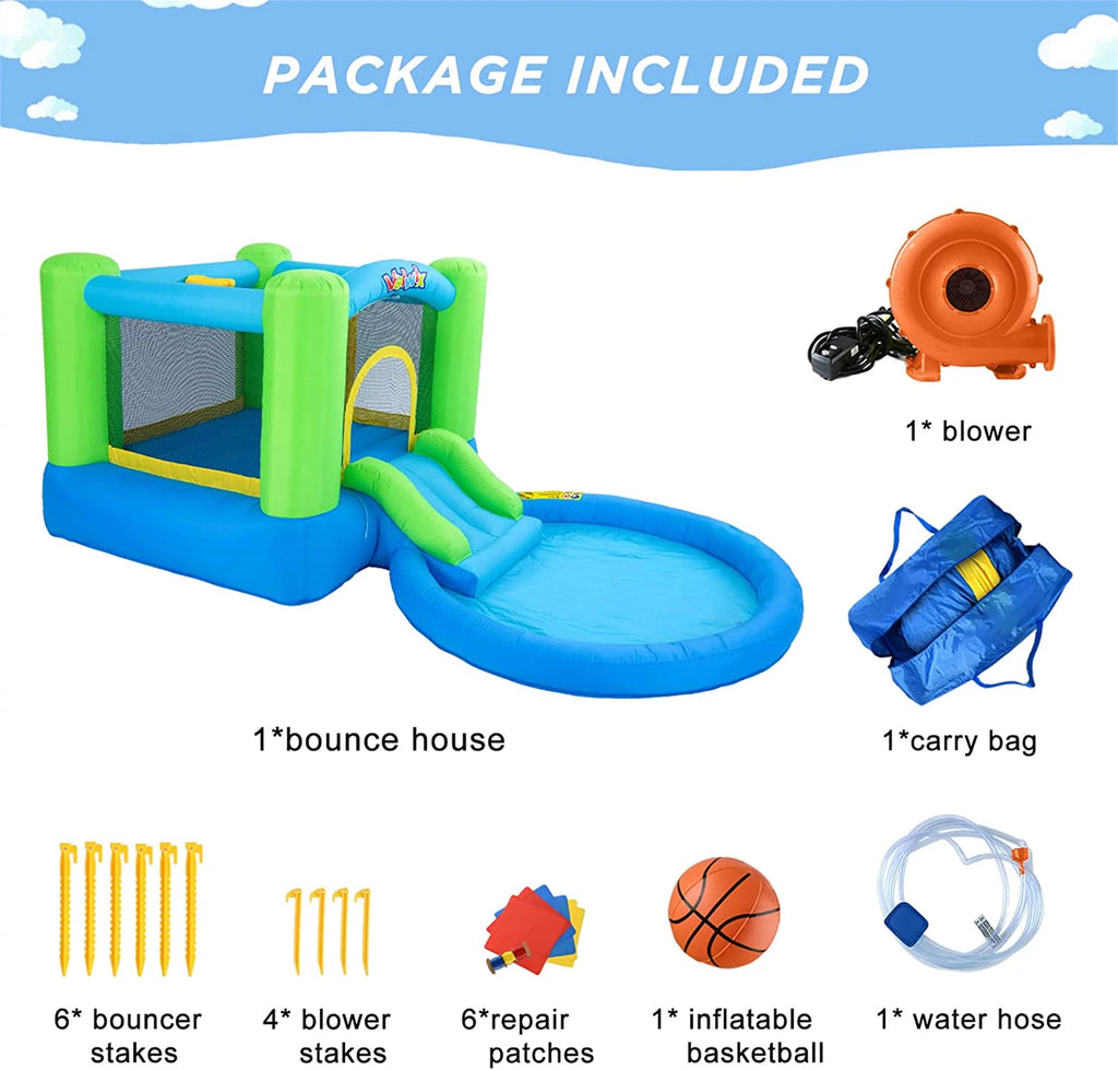 Inflatable Bounce House with Blower, Waterslide & Pool U494