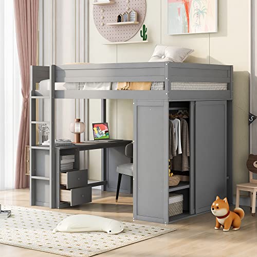 Full Size Gray Solid Wood Loft Bed with Wardrobe Desk and Shelves K204