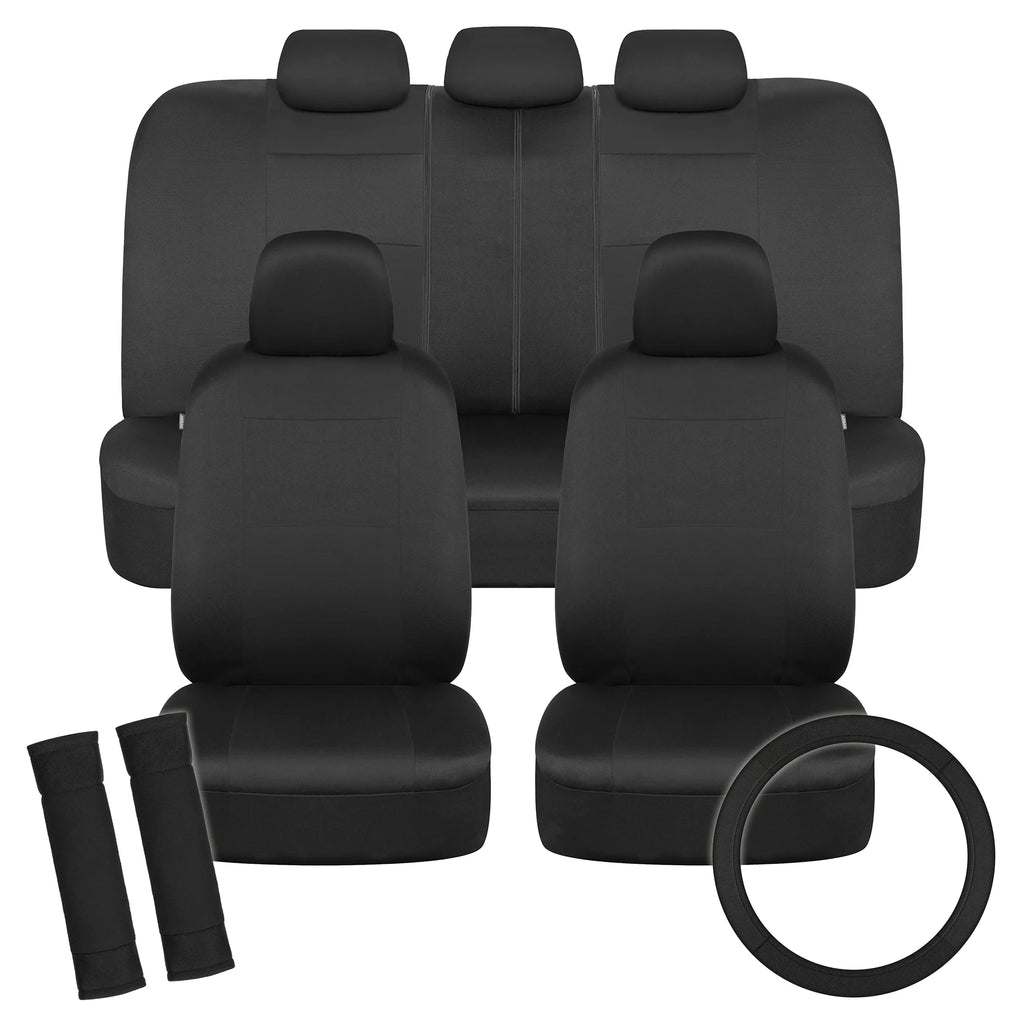 Solid Black Car Seat Covers Full Set with Steering Wheel Cover & Seat Belt Pads N416158
