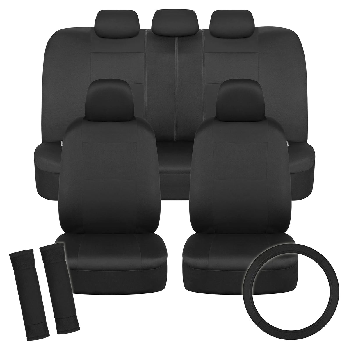 Solid Black Car Seat Covers Full Set with Steering Wheel Cover & Seat Belt Pads N416158