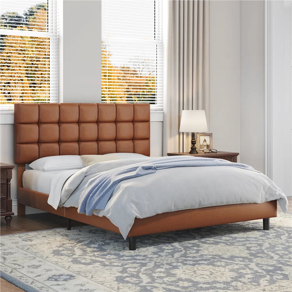 Queen Size Beige Upholstered Platform Bed W253