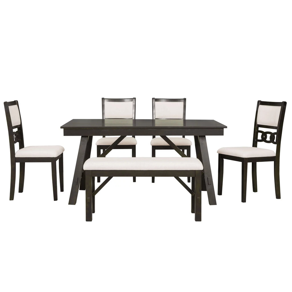 6 Piece Espresso Wooden Dining Table Set with Bench and 4 Upholstered Chairs J5725