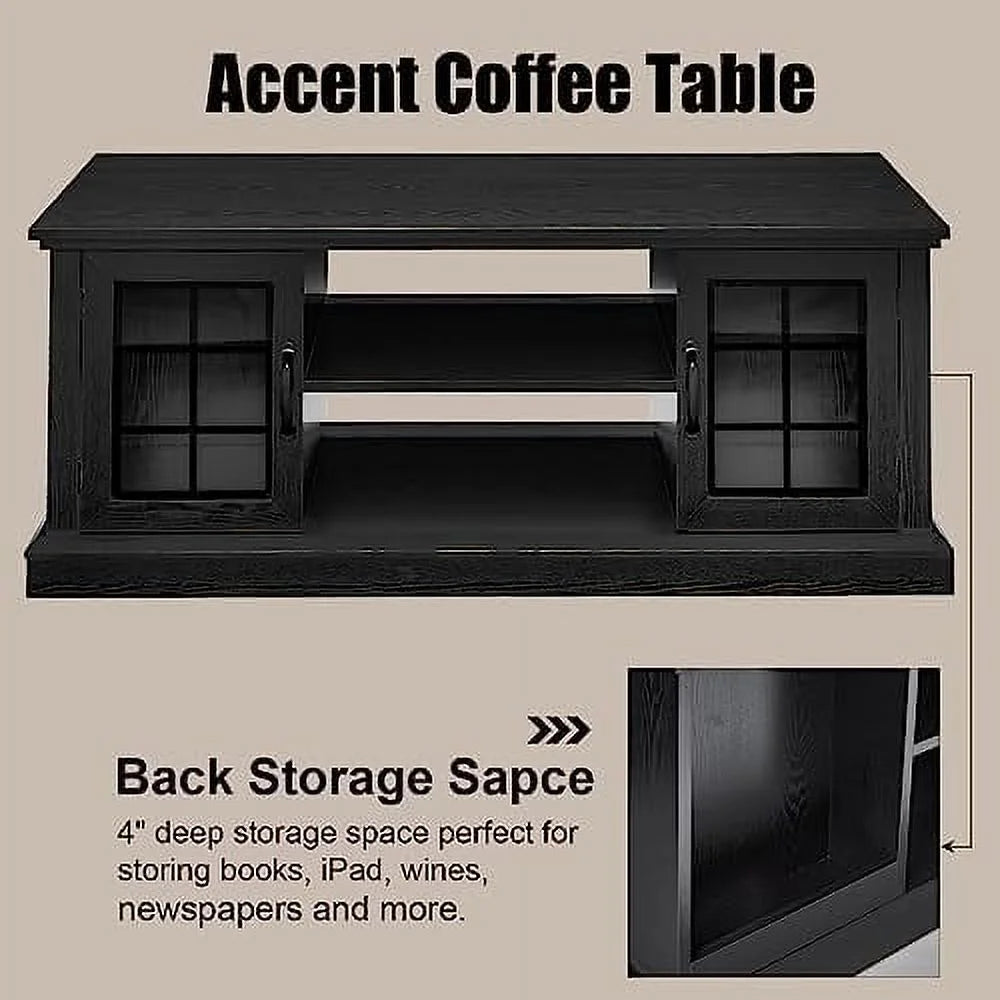 Farmhouse Coffee Table with Glass Door 47" Rustic 2 Shelves Black V3186