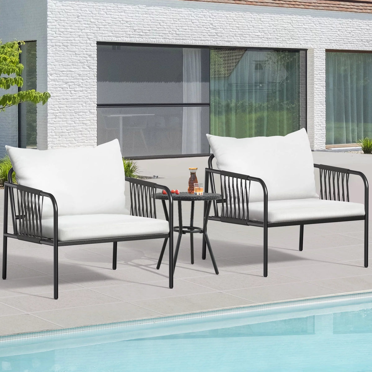 2PC White Rattan Wicker Outdoor Armchair Bistro Set R39291