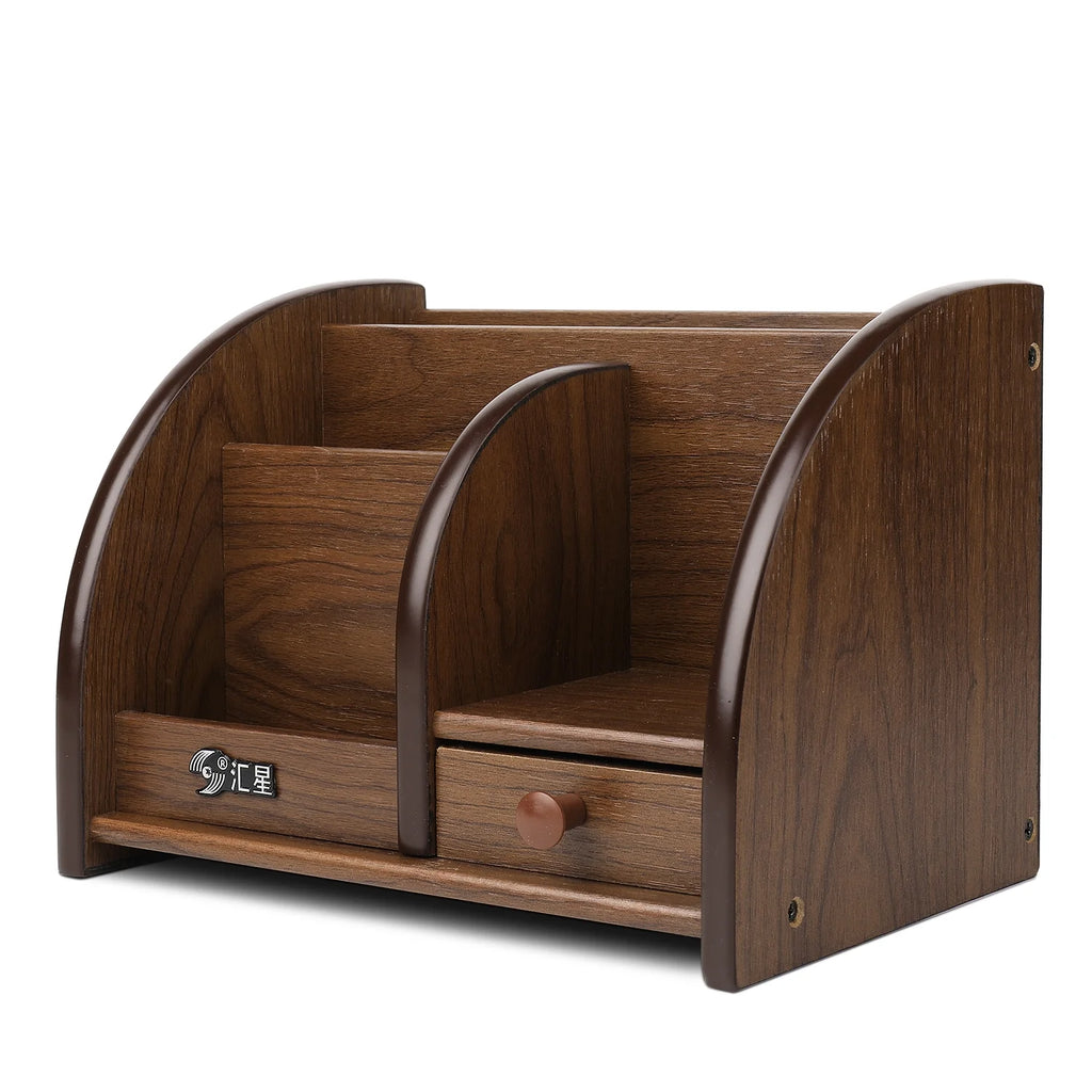 Wooden Remote Control Holder Caddy Desktop Organizer with Drawers Cherry Brown Q87299