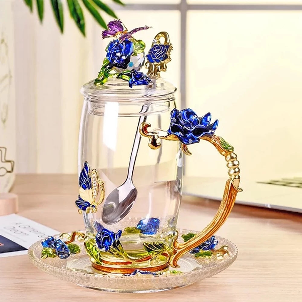 Blue Glass Tea Cup with Lid Coaster Spoon 18oz M1692