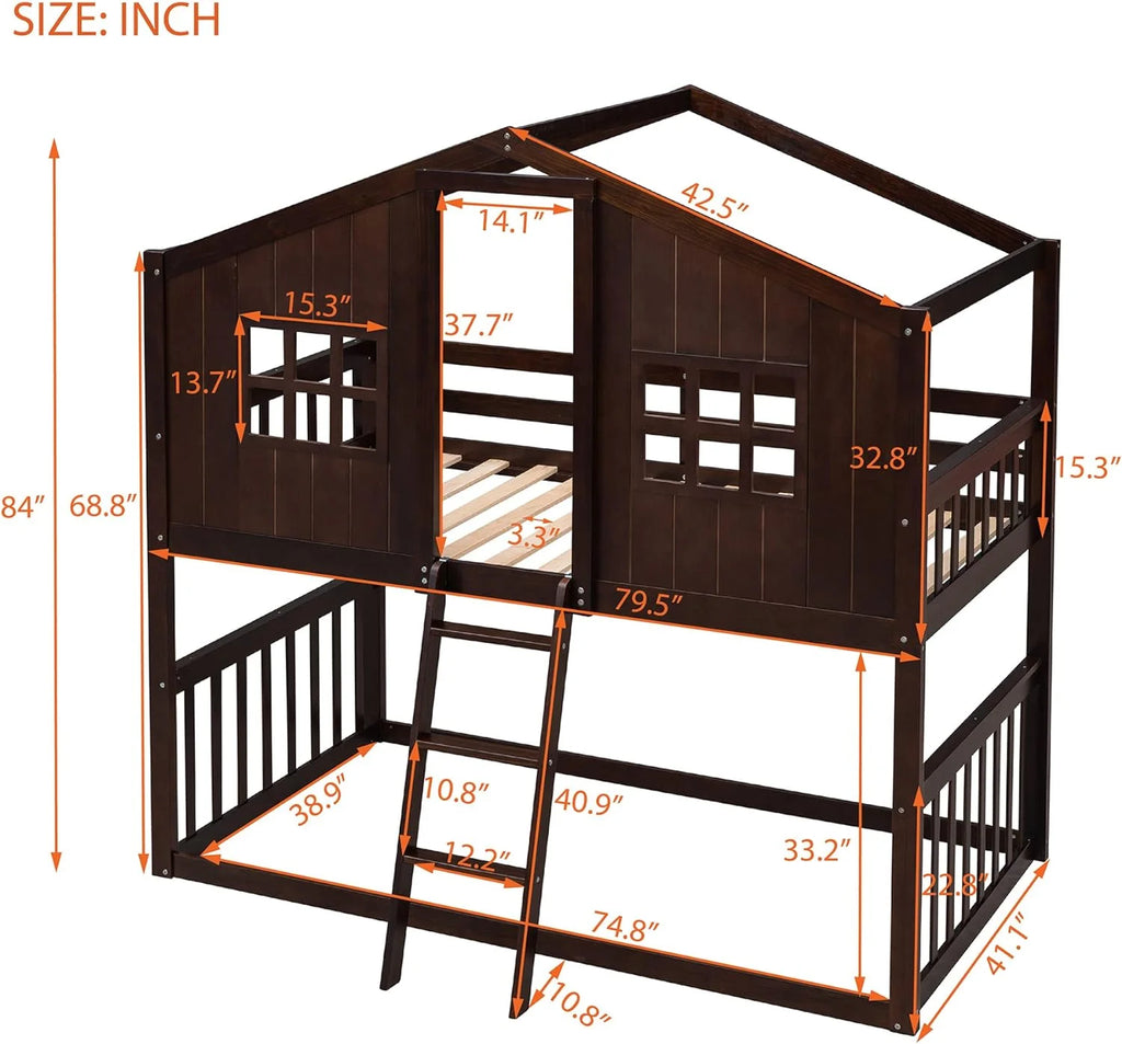 Espresso Wood House Bed with Ladder and Guard Rail Y218
