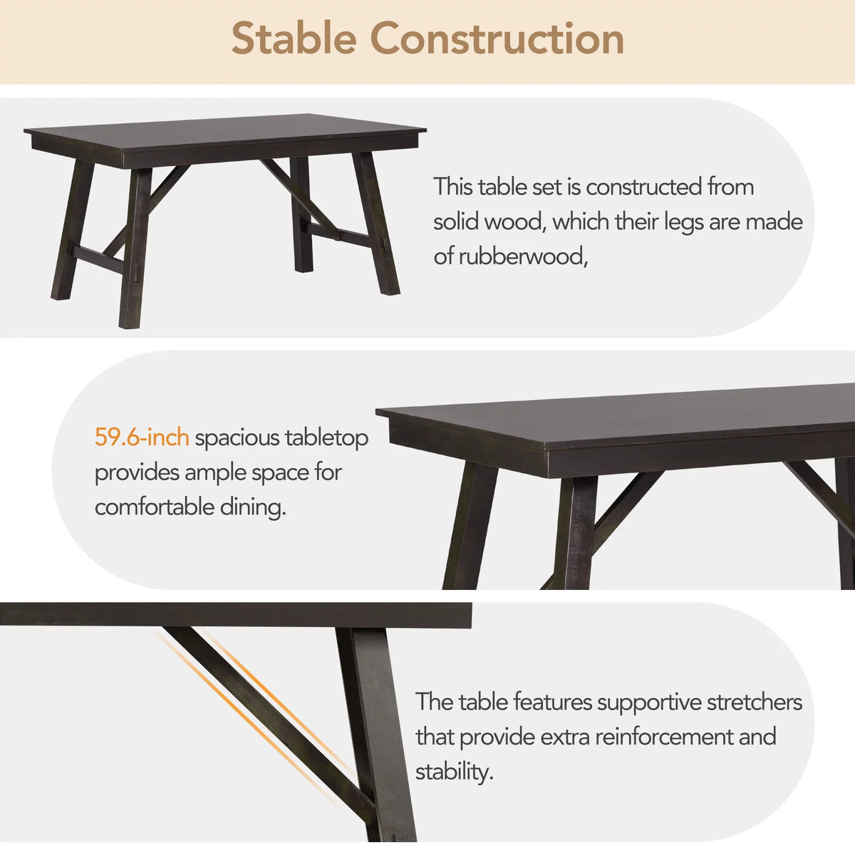 6 Piece Espresso Wooden Dining Table Set with Bench and 4 Upholstered Chairs J5725