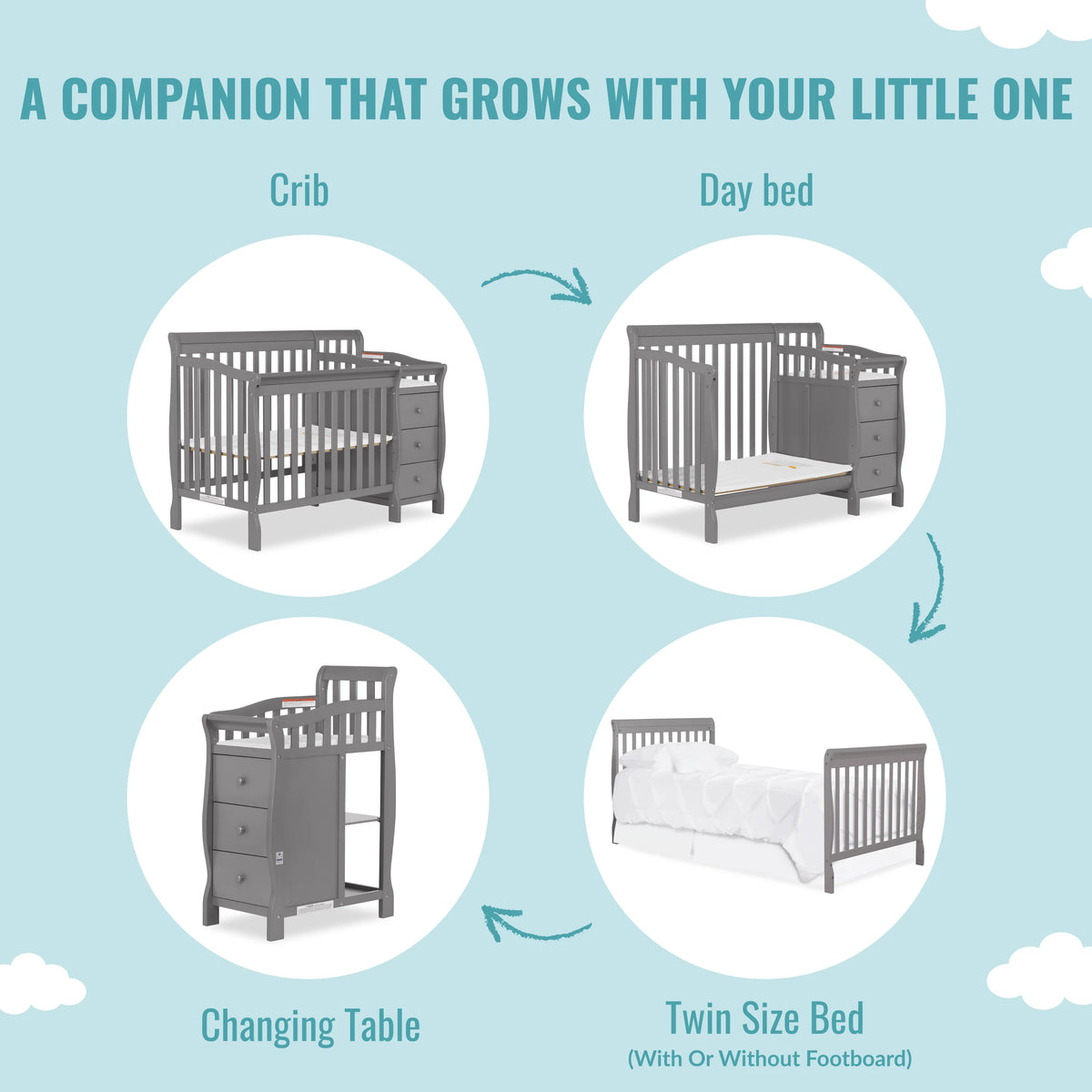Storm Grey 4-in-1 Convertible Mini Crib and Changer B95615