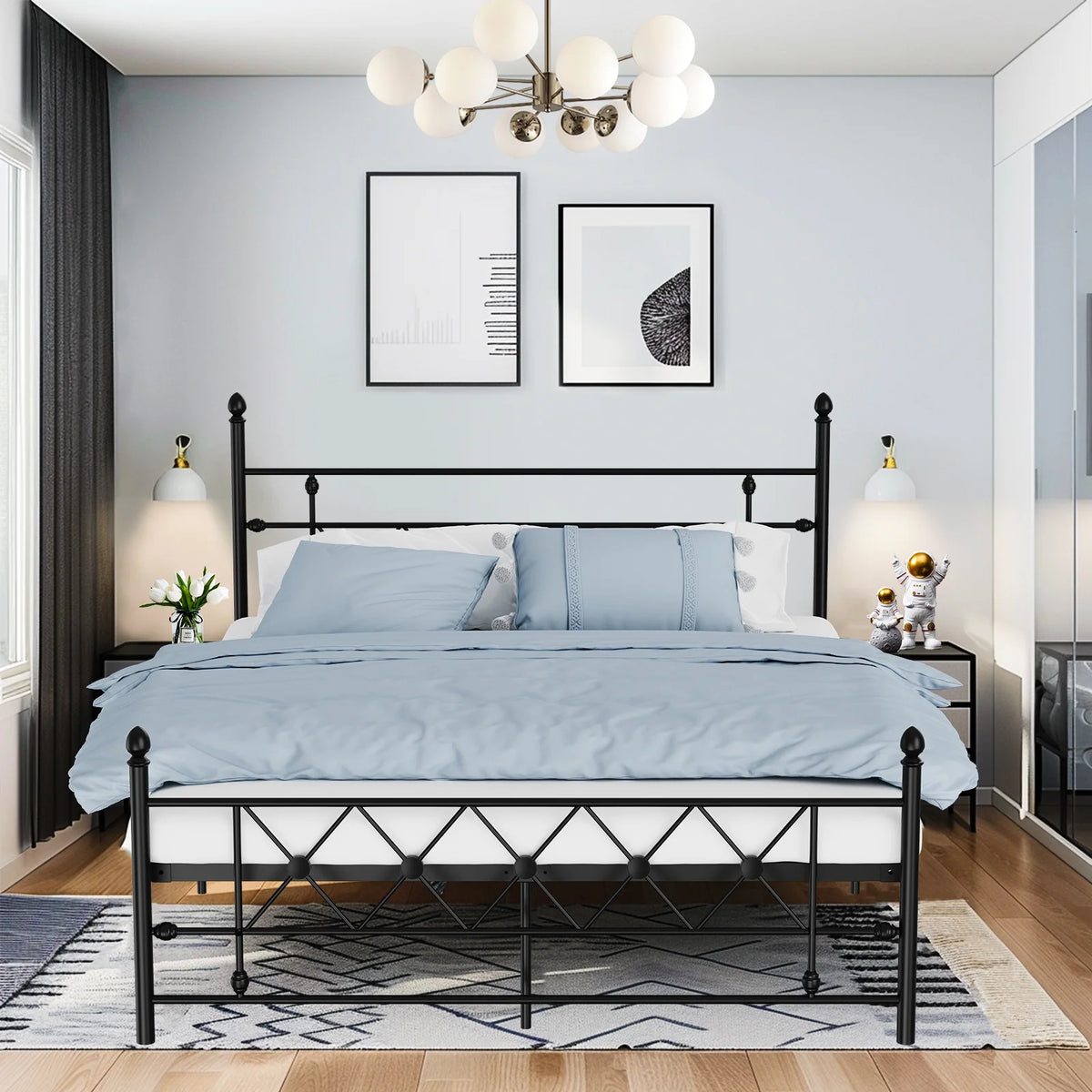 Queen Size Black Metal Platform Bed Frame with Headboard F363