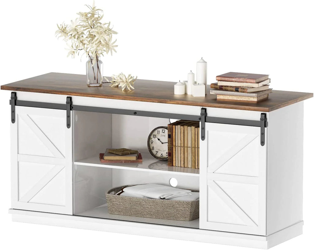 White 58 Inch TV Stand with Sliding Barn Doors W323