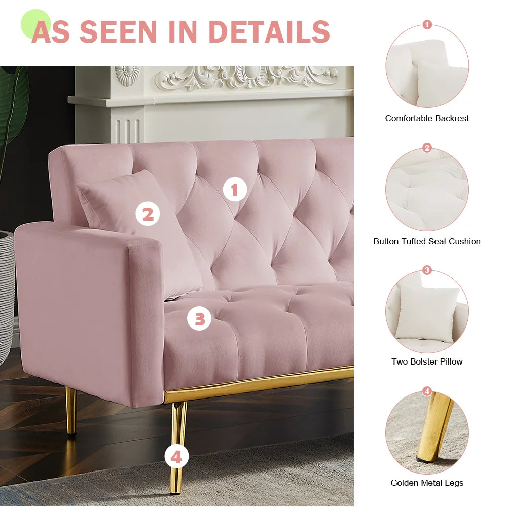 Pink Velvet Convertible Sofa Bed with 2 Pillows V641