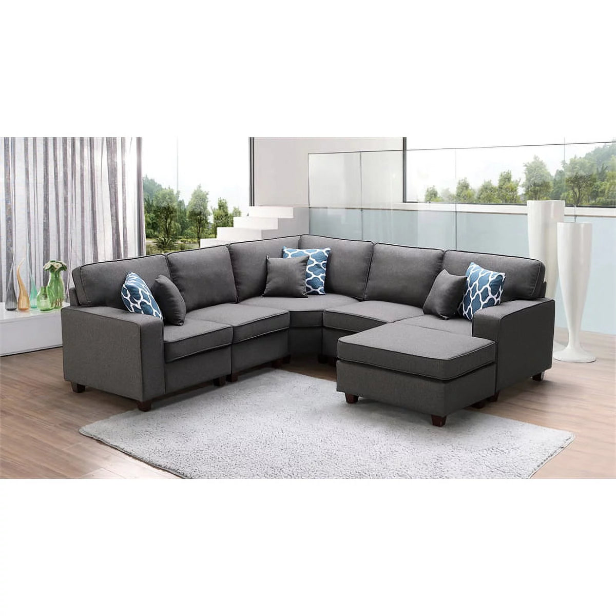 Gray Linen 6Pc Modular Sectional Sofa with Ottoman S234701