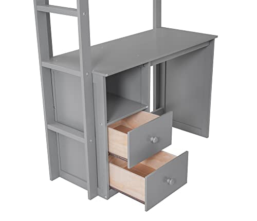 Full Size Gray Solid Wood Loft Bed with Wardrobe Desk and Shelves K204