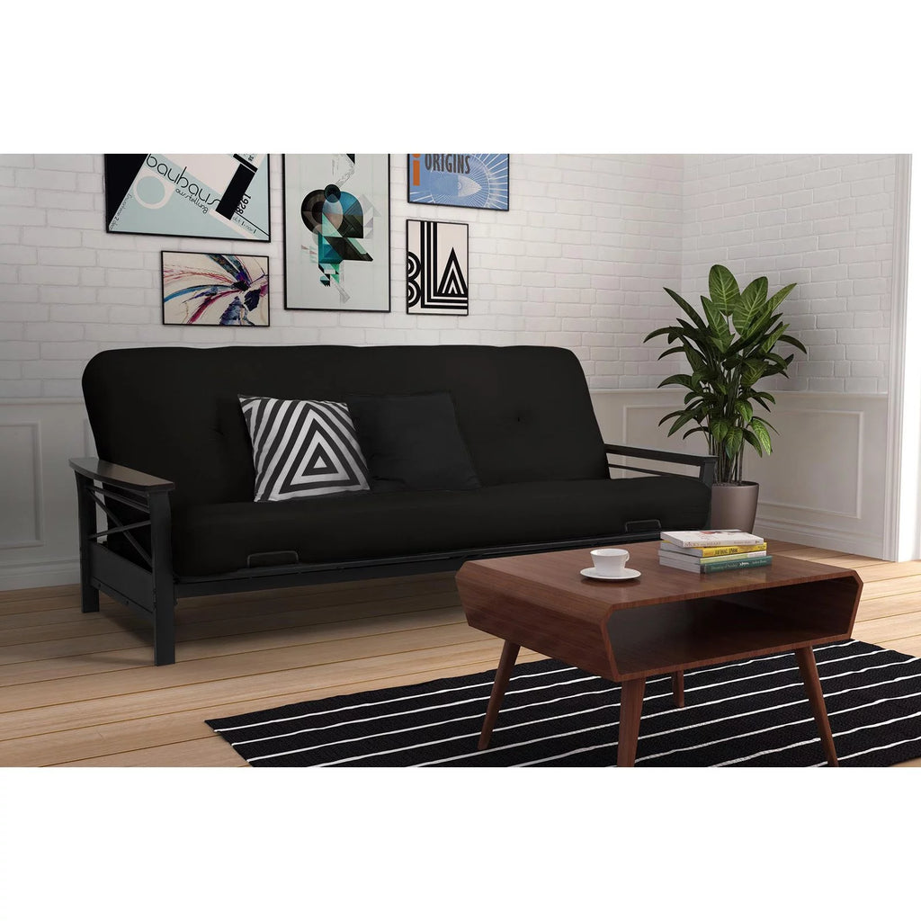Full Size Metal Futon Frame with Espresso Wood Armrests X93379