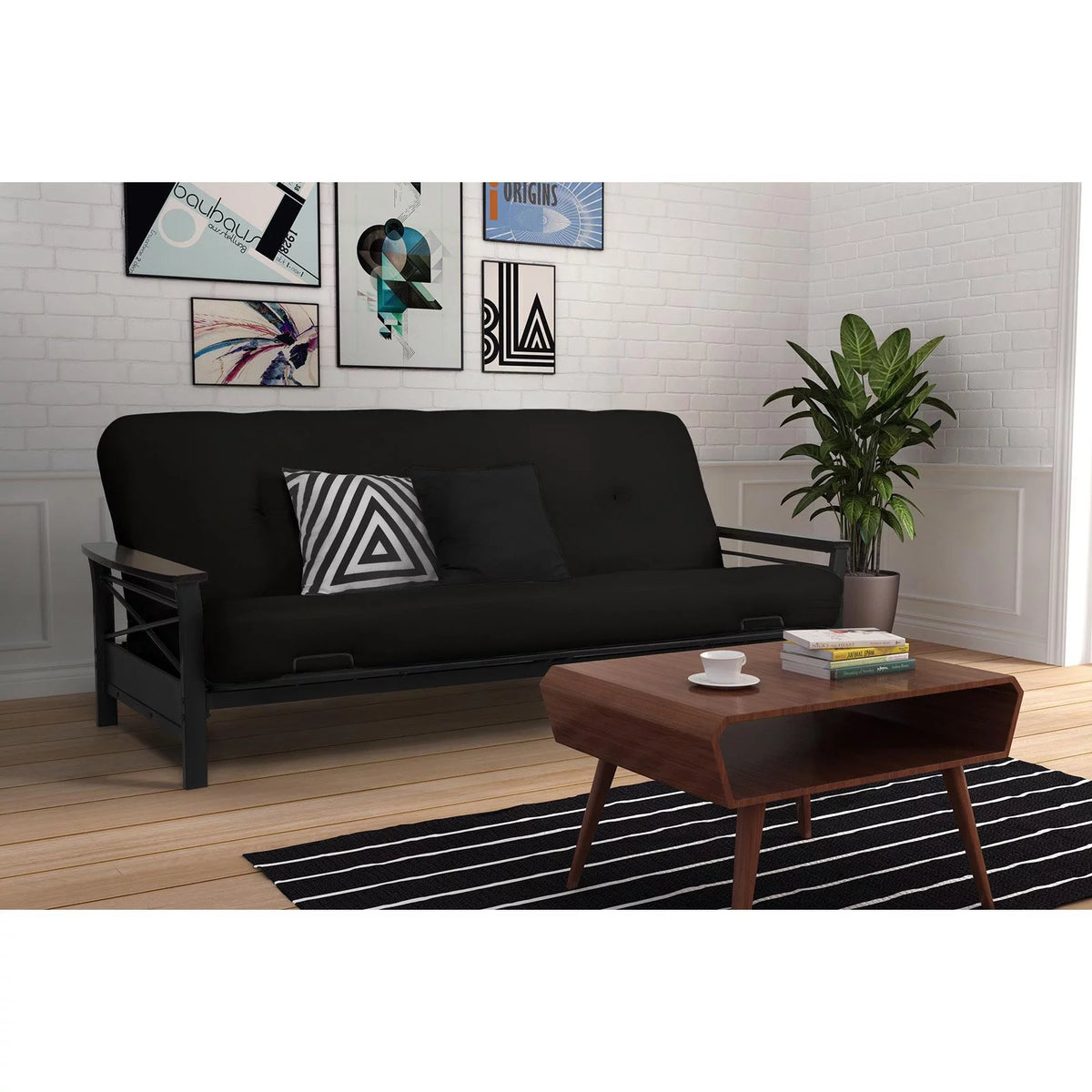 Full Size Metal Futon Frame with Espresso Wood Armrests X93379
