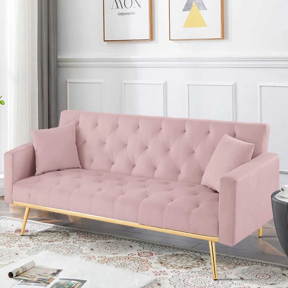 Pink Velvet Convertible Sofa Bed with 2 Pillows V641