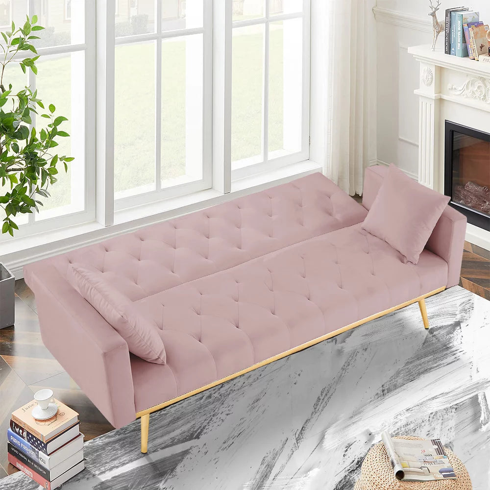 Pink Velvet Convertible Sofa Bed with 2 Pillows V641