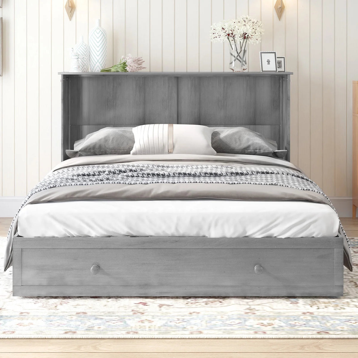 Queen Murphy Bed Chest with Trifold Foam Mattress and Storage Drawers R729
