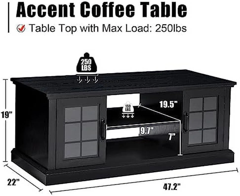 Farmhouse Coffee Table with Glass Door 47" Rustic 2 Shelves Black V3186