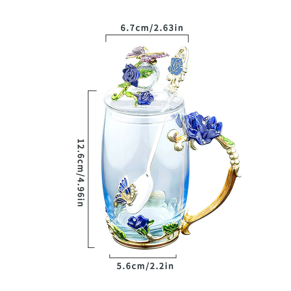 Blue Glass Tea Cup with Lid Coaster Spoon 18oz M1692