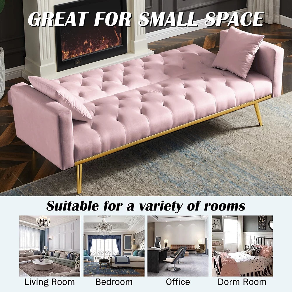 Pink Velvet Convertible Sofa Bed with 2 Pillows V641